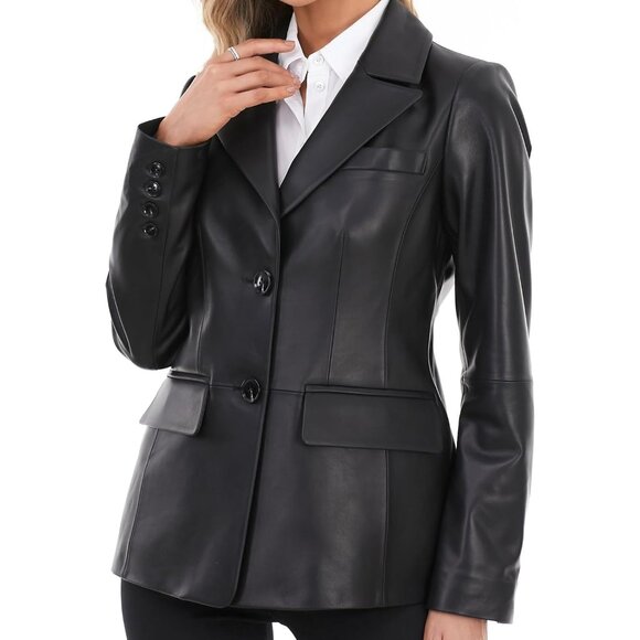 ✨Women's Black Lambskin Jacket Leather Blazer Button Closure Leather Blazer Coat